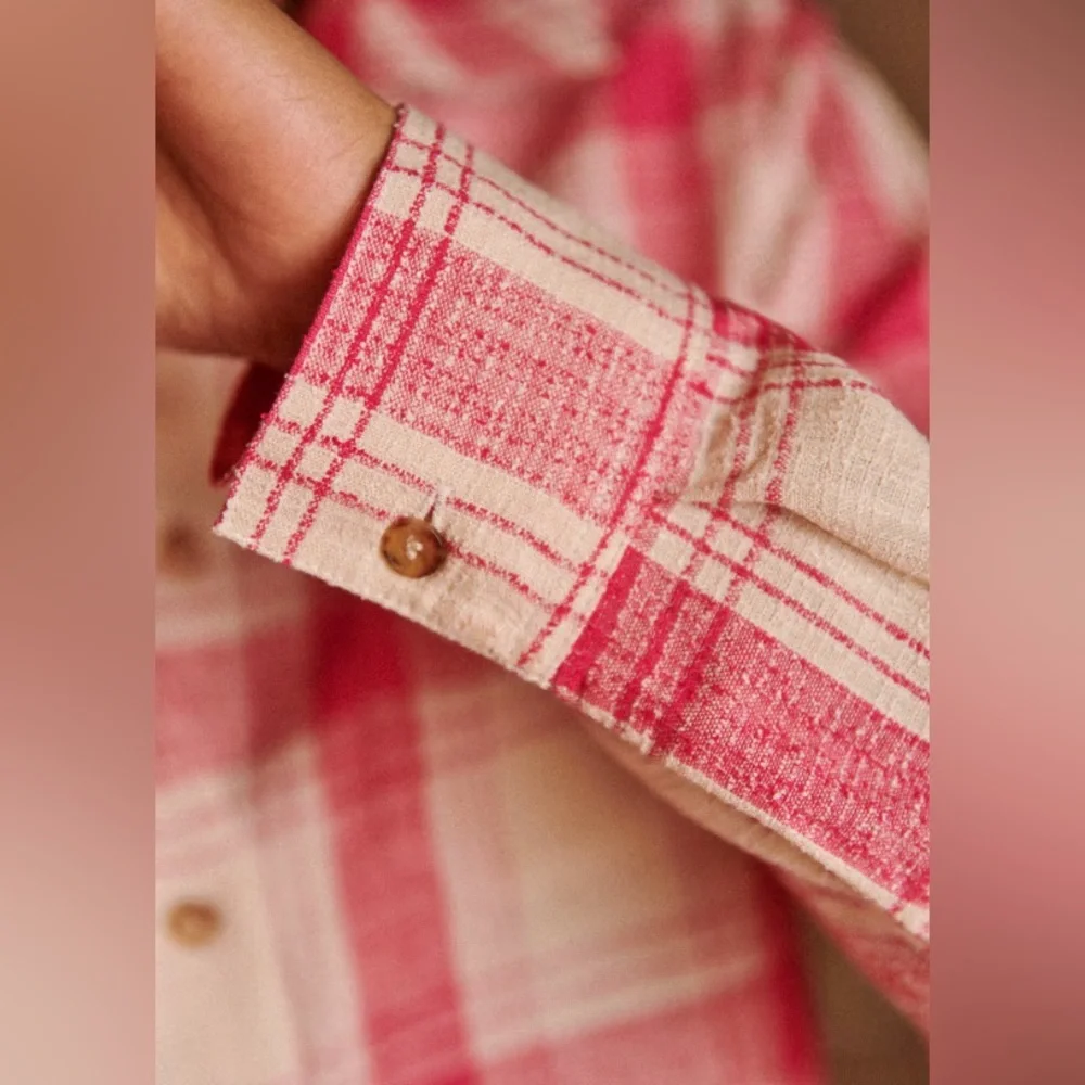 Sezane Tomboy Button-Up Shirt Plaid Pink White Maxi Check Sz 6 NWT Linen Blend - Picture 9 of 11